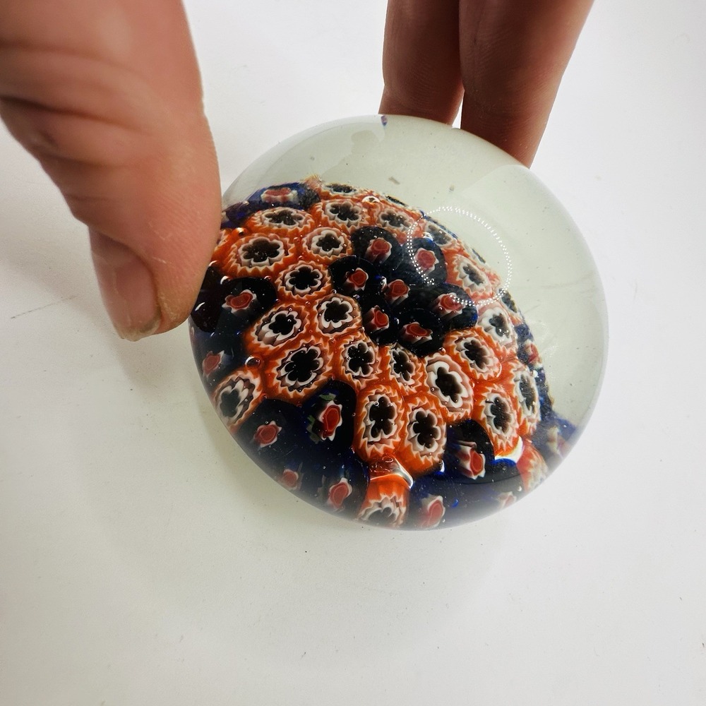Vintage Millefiori Art Glass Paperweight Blue Red White,Floral Groovy MCM Decor - Picture 4 of 11